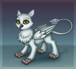 Size: 2640x2400 | Tagged: safe, artist:eltaile, derpibooru import, oc, oc only, oc:mynthe, bird, griffon, hybrid, owl, claws, commission, cute, fluffy, griffon oc, looking at you, male, owl griffon, solo, wings