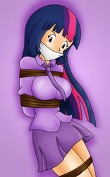 Size: 1250x2000 | Tagged: safe, artist:gagmanzx, derpibooru import, twilight sparkle, equestria girls, arm behind back, bondage, bound and gagged, breasts, cloth gag, gag, headlight sparkle, rope, rope bondage, ropes, tied up