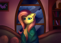 Size: 4959x3508 | Tagged: safe, artist:flapstune, derpibooru import, angel bunny, fluttershy, pegasus, pony, book, bookshelf, cheek fluff, chest fluff, cloud, ear fluff, ears, female, fluffy, looking at you, mare, painting, pillow, plaid, signature, sitting, smiling, sofa, solo, solo female, window