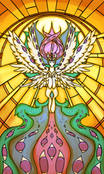 Size: 1200x2000 | Tagged: safe, artist:rocket-lawnchair, derpibooru import, princess celestia, alicorn, seraph, seraphicorn, biblically accurate angels, multiple eyes, multiple wings, spread wings, stained glass, wings