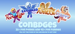 Size: 1841x846 | Tagged: safe, derpibooru import, oc, oc only, oc:exobass, oc:firestrike, oc:rainbowflash, oc:steppi, bat pony, pegasus, advertisement, alcohol, badge, beer, commission, con badge, conbadge, font, pegasus oc