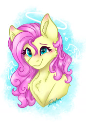 Size: 1280x1810 | Tagged: safe, artist:delfinaluther, derpibooru import, fluttershy, angel, pegasus, pony, blue eyes, blushing, bust, cheek fluff, chest fluff, ear fluff, ears, female, halo, head, heart eyes, looking at you, mare, portrait, smiling, solo, stray strand, three quarter view, wingding eyes