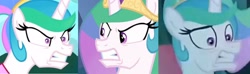 Size: 2048x603 | Tagged: safe, derpibooru import, edit, edited screencap, screencap, princess celestia, alicorn, between dark and dawn, the ending of the end, alternate hairstyle, angry, comparison, gritted teeth, scared, scaredlestia, teeth
