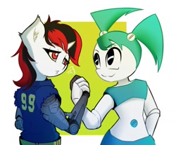 Size: 1517x1254 | Tagged: safe, artist:mistleinn, derpibooru import, oc, oc:blackjack, anthro, cyborg, robot, unicorn, fallout equestria, fallout equestria: project horizons, amputee, clothes, crossover, duo, female, horn, jenny wakeman, jumpsuit, mare, prosthetic limb, prosthetics, simple background, small horn, vault suit