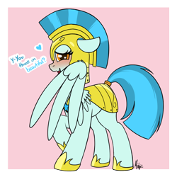 Size: 900x900 | Tagged: safe, artist:ponynamedmixtape, derpibooru import, guardian angel (character), pegasus, pony, armor, bashful, blushing, dialogue, female, guardsmare, heart eyes, helmet, hiding behind wing, mare, open mouth, open smile, royal guard, royal guard armor, smiling, solo, wingding eyes, wings