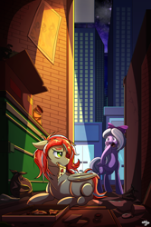 Size: 2000x3000 | Tagged: safe, artist:littletigressda, derpibooru import, flitter, oc, oc:silent wing, pegasus, pony, fanfic:crushed: the beginnings, alley, bag, dumpster, duo, fanfic art, female, food, high res, lying down, mare, open mouth, pegasus oc, pizza, prone, shocked, shocked expression, trash bag