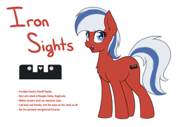 Size: 2346x1700 | Tagged: safe, artist:ponynamedmixtape, derpibooru import, oc, oc only, oc:iron sights, earth pony, female, lore, reference sheet, simple background, solo, text, transparent background