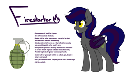 Size: 2900x1800 | Tagged: safe, artist:ponynamedmixtape, derpibooru import, oc, oc only, oc:firestarter, bat pony, female, lore, reference sheet, simple background, solo, text, transparent background