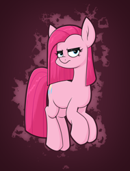 Size: 1712x2248 | Tagged: safe, artist:moonatik, derpibooru import, pinkie pie, earth pony, abstract background, alternate hairstyle, black eyeshadow, eyeshadow, female, grumpy, lidded eyes, looking at you, makeup, mare, pinkamena diane pie, solo, straight hair, straight mane