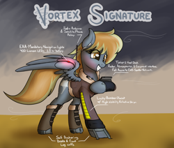 Size: 1300x1100 | Tagged: safe, artist:ponynamedmixtape, derpibooru import, oc, oc:vortex signature, pegasus, bomber jacket, clothes, female, jacket, shoes, solo, storm chaser, tablet, text, tornado chaser