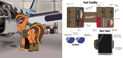 Size: 2100x1000 | Tagged: safe, artist:ponynamedmixtape, derpibooru import, oc, oc:mixtape, earth pony, male, mechanic, plane, solo, sunglasses, tablet, text, toolbelt, tools