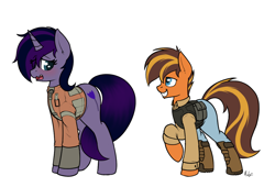 Size: 1030x700 | Tagged: safe, artist:ponynamedmixtape, derpibooru import, oc, oc only, oc:midnight flower, oc:mixtape, fallout equestria, blushing, clothes, duo, female, grin, looking at each other, looking back, male, mare, open mouth, shit eating grin, shoes, shy, simple background, size comparison, smiling, stallion, steel ranger, tactical vest, tail, tail between legs, transparent background, wavy mouth, white outline
