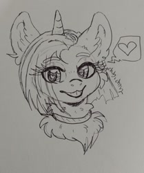 Size: 720x862 | Tagged: safe, artist:chibichangeling, derpibooru import, oc, oc only, oc:sight unseen, unicorn, :3, bust, collar, female, fluffy, heart, heart eyes, looking at you, mare, monochrome, portrait, signature, simple background, sketch, smiling, smiling at you, solo, speech bubble, straight mane, traditional art, white background, wingding eyes
