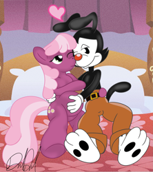 Size: 2039x2301 | Tagged: safe, artist:stormythetrooper, derpibooru import, cheerilee, anthro, earth pony, pony, animaniacs, bed, crack shipping, crossover, crossover shipping, female, interspecies, male, one eye closed, pregnant, shipping, straight, yakko warner