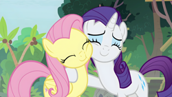 Size: 3840x2160 | Tagged: safe, derpibooru import, screencap, fluttershy, rarity, pegasus, pony, unicorn, fake it 'til you make it, season 8, spoiler:s08, 4k, ^^, cheek squish, cheek to cheek, coconut tree, cute, daaaaaaaaaaaw, duo, duo female, eyes closed, female, happy, high res, hnnng, hug, mare, nuzzling, raribetes, shyabetes, side hug, smiling, squishy cheeks