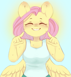 Size: 683x746 | Tagged: safe, artist:melodylibris, derpibooru import, fluttershy, anthro, pegasus, blushing, breasts, clothes, cute, daaaaaaaaaaaw, eyes closed, female, grin, hootershy, mare, shyabetes, smiling, smiling at you, solo, sweat, tanktop, wings