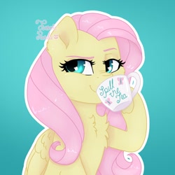 Size: 1300x1300 | Tagged: safe, artist:fanaticpanda, artist:hannahcw_, derpibooru import, fluttershy, pegasus, pony, chest fluff, cup, female, food, gossip, gradient background, hoof hold, mare, nose wrinkle, outline, raised eyebrow, sipping, smugshy, solo, tea, teacup, white outline