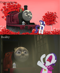 Size: 1281x1536 | Tagged: safe, artist:princessedith568, derpibooru import, edit, rarity, pony, unicorn, crack shipping, crossover, crossover shipping, expectation vs reality, james the red engine, op is trying to be funny, op isn't even trying anymore, reality ensues, scared, screaming, shipping, thomas the tank engine