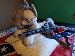 Size: 2048x1536 | Tagged: safe, artist:blackwater627, marble pie, bed, confederate flag, eotech, gun, irl, photo, pillow, plushie, rifle, weapon