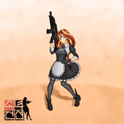 Size: 3840x3840 | Tagged: safe, artist:sleepwritten, derpibooru import, sunset shimmer, human, ami koshimizu, clothes, cosplay, costume, g36, girl's frontline, gun, humanized, maid, solo, voice actor joke, weapon