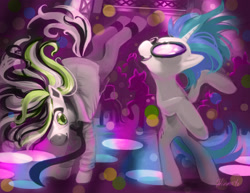 Size: 3300x2550 | Tagged: safe, artist:hinoraito, derpibooru import, dj pon-3, vinyl scratch, oc, oc:jack hyperfreak, zebra, clothes, dancing, nightclub, rave, suit, vinylfreak