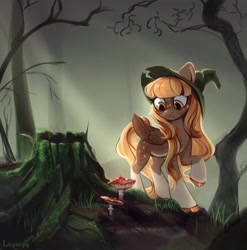 Size: 4044x4096 | Tagged: safe, artist:laymy, derpibooru import, oc, oc only, pegasus, pony, female, forest, mushroom, solo, tree stump, witch hat