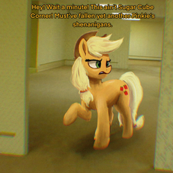 Size: 2000x2000 | Tagged: safe, artist:phutashi, derpibooru import, applejack, earth pony, pony, confused, crossover, dialogue, female, high res, implied pinkie pie, mare, parody, solo, talking to herself, the backrooms