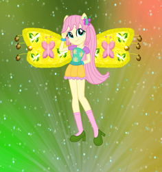 Size: 1297x1376 | Tagged: safe, artist:ketrin29, artist:user15432, derpibooru import, fluttershy, human, equestria girls, alternate hairstyle, barely eqg related, base used, believix, bracelet, clothes, crossover, element of kindness, fairy, fairy wings, fairyized, gradient background, hairpin, hand behind back, high heels, jewelry, looking at you, ponied up, shoes, socks, sparkly background, sparkly wings, wings, winx, winx club, winxified, yellow wings