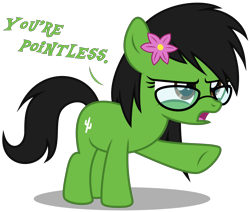 Size: 3780x3210 | Tagged: safe, artist:strategypony, derpibooru import, oc, oc only, oc:prickly pears, earth pony, pony, black mane, black tail, dialogue, earth pony oc, female, filly, flower, flower in hair, foal, glasses, green coat, meme, pointing, raised hoof, raised leg, simple background, tail, text, transparent background, you're pointless