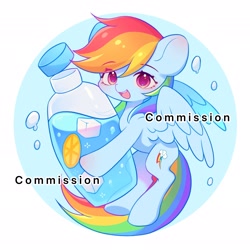 Size: 2604x2604 | Tagged: safe, artist:leafywind, derpibooru import, rainbow dash, pegasus, pony, colored pupils, commission, cute, dashabetes, female, food, high res, ice cube, lemon, looking at you, mare, open mouth, solo, water bottle, watermark