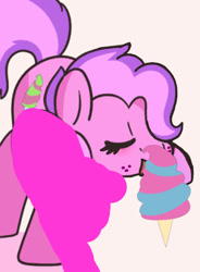 Size: 487x662 | Tagged: safe, artist:zonkpunch, derpibooru import, edit, editor:pagiepoppie12345, oc, oc only, oc:sweet strokes, eyes closed, food, ice cream, licking, rule 63, simple background, smiling, sugar brush, tongue, tongue out, white background