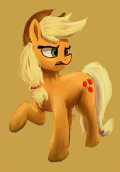 Size: 1068x1529 | Tagged: safe, alternate version, artist:phutashi, derpibooru import, applejack, earth pony, pony, annoyed, background removed, female, frown, mare, simple background, solo, yellow background