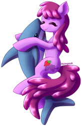 Size: 700x1070 | Tagged: safe, artist:rainspeak, derpibooru import, berry punch, berryshine, earth pony, pony, shark, blåhaj, commission, eyes closed, female, hug, ikea, mare, plushie, shark plushie, simple background, transparent background