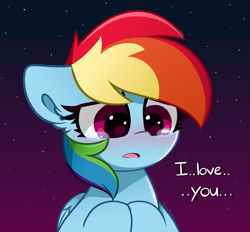 Size: 5474x5084 | Tagged: safe, artist:kittyrosie, derpibooru import, rainbow dash, pegasus, pony, ..., blushing, cute, dashabetes, ears, female, floppy ears, i love you, mare, open mouth, sad, sadorable, signature, solo, stars, talking to viewer, teary eyes, text