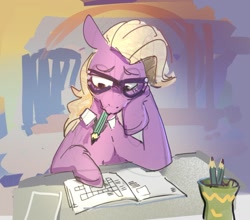 Size: 1220x1073 | Tagged: safe, artist:alumx, derpibooru import, grace manewitz, earth pony, pony, crossword puzzle, desk, female, hoof on chin, mare, mouth hold, pencil, solo