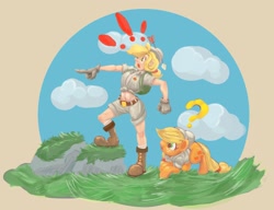 Size: 2588x1988 | Tagged: safe, artist:applephil, derpibooru import, applejack, earth pony, human, pony, arrow, big nose, boots, clothes, duo, exclamation point, female, gloves, hat, human ponidox, humanized, mare, midriff, pith helmet, pointing, self paradox, self ponidox, shoes, shorts