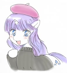 Size: 1173x1280 | Tagged: safe, artist:auntie_grub, derpibooru import, rarity, pony, unicorn, beatnik rarity, beret, clothes, female, hat, horn, looking at you, mare, open mouth, open smile, simple background, smiling, smiling at you, solo, sweater, white background