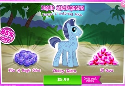 Size: 981x676 | Tagged: safe, derpibooru import, blue coat, blue eyes, blue mane, blue tail, cheery zebra, coat markings, costs real money, game screencap, gameloft, gem, magic coins, mohawk, sale, short tail, tail, unnamed character