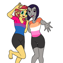 Size: 768x768 | Tagged: safe, artist:thatradhedgehog, derpibooru import, sunset shimmer, equestria girls, barefoot, bisexual pride flag, clothes, compression shorts, crossover, crossover shipping, dc comics, feet, female, lesbian, lesbian pride flag, pride, pride flag, raven (dc comics), shimrav, shipping, shorts, simple background, teen titans, transparent background