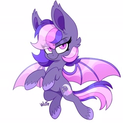 Size: 2048x2048 | Tagged: safe, artist:wutanimations, derpibooru import, oc, oc only, oc:midnight mist, bat pony, pony, bat pony oc, bedroom eyes, commission, ear fluff, ears, female, flying, looking at you, signature, simple background, spread wings, white background, wings