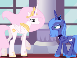 Size: 1776x1344 | Tagged: safe, artist:cookieteayt, derpibooru import, princess celestia, princess luna, alicorn, pony, base used, duo, female, hoof shoes, jewelry, mare, peytral, pink-mane celestia, raised hoof, raised leg, s1 luna, tiara