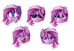 Size: 2000x1382 | Tagged: safe, artist:lupulrafinat, derpibooru import, oc, oc only, oc:wild dawn, hybrid, blowing a kiss, bust, crying, duckface, ear tufts, emoji, facial expressions, female, head only, laughing, lidded eyes, makeup, mare, paws, shocked, simple background, sticker set, sunglasses, tears of laughter, transparent background, unamused, white eyes, ych example, your character here, 😂, 😎, 😒, 😘, 😱