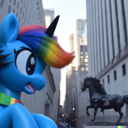 Size: 1024x1024 | Tagged: safe, derpibooru import, rainbow dash, pony, unicorn, dall-e 2, female, mare, new york city, race swap, solo, statue