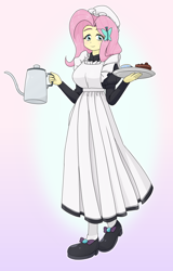 Size: 1422x2224 | Tagged: safe, artist:batipin, derpibooru import, fluttershy, equestria girls, cake, clothes, fluttermaid, food, gradient background, maid, simple background