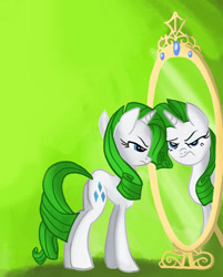 Size: 802x997 | Tagged: safe, artist:jowyb, derpibooru import, edit, rarity, pony, unicorn, green isn't your color, season 1, alternate hair color, cropped, female, frown, green hair, horn, mare, mirror, rarity is not amused, reflection, unamused