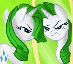 Size: 720x632 | Tagged: safe, artist:jowyb, derpibooru import, edit, rarity, pony, unicorn, green isn't your color, season 1, alternate hair color, cropped, female, frown, green hair, horn, mare, mirror, rarity is not amused, reflection, unamused