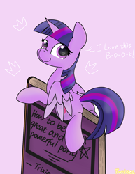Size: 2198x2842 | Tagged: safe, artist:twiliset, derpibooru import, twilight sparkle, twilight sparkle (alicorn), alicorn, pony, book, butt, crown, cute, heart eyes, hug, jewelry, looking at you, plot, regalia, smiling, smiling at you, solo, talking, tiny, tiny ponies, twibutt, wingding eyes