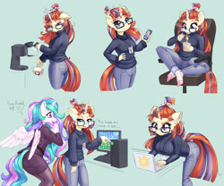 Size: 3076x2560 | Tagged: safe, artist:dstears, derpibooru import, moondancer, princess celestia, alicorn, anthro, plantigrade anthro, unicorn, balloondancer, breasts, business suit, butt, cellphone, clothes, coffee, coffee machine, coffee mug, coffee pot, computer, crossed legs, duo, ear fluff, ears, female, floppy ears, food, glasses, gray background, grumpy, jeans, laptop computer, looking at you, looking back, looking back at you, mare, messy mane, missing shoes, monitor, mug, nail polish, nails, noodles, office, open mouth, pants, pantyhose, phone, ramen, simple background, sitting, skirt suit, smartphone, socks, stocking feet, sweater, talking, tech support, turtleneck, working