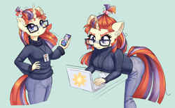 Size: 1608x1000 | Tagged: safe, artist:dstears, derpibooru import, moondancer, anthro, plantigrade anthro, unicorn, balloondancer, bent over, breasts, butt, cellphone, clothes, computer, ear fluff, ears, female, glasses, gray background, laptop computer, leaning, leaning forward, looking at you, mare, phone, simple background, smartphone, solo, sweater, turtleneck, working