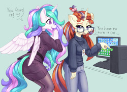 Size: 1400x1021 | Tagged: safe, artist:dstears, derpibooru import, moondancer, princess celestia, alicorn, anthro, plantigrade anthro, unicorn, balloondancer, breasts, business suit, butt, clothes, computer, duo, ear fluff, ears, female, glasses, gray background, jeans, mare, monitor, nail polish, nails, office, open mouth, pants, pantyhose, simple background, skirt suit, sweater, tech support, turtleneck